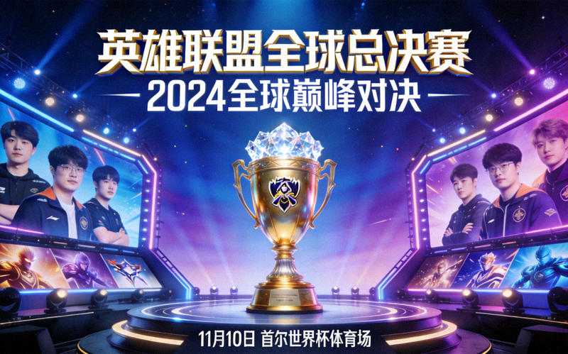 英雄联盟全球总决赛宣传图 - 大型电竞赛事舞台与奖杯