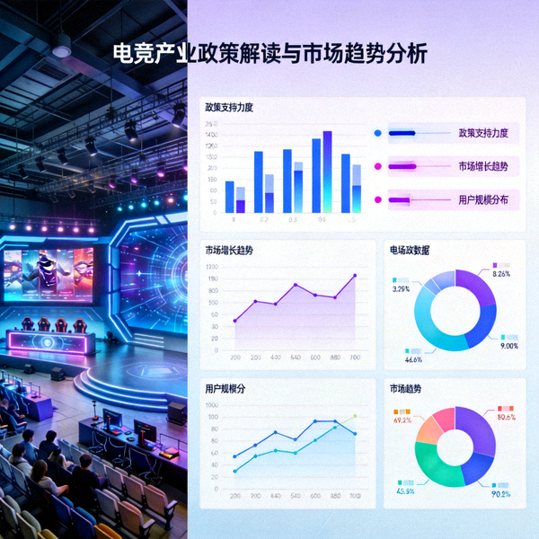 电竞产业政策解读与市场趋势分析主题配图 - 现代化电竞场馆与数据分析图表