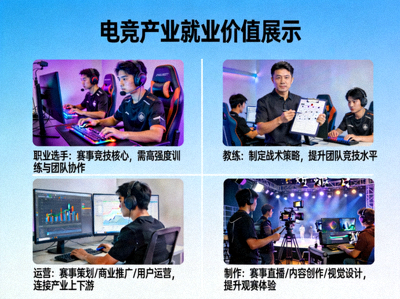 电竞产业就业价值展示 - 选手、教练、运营、制作等多样化岗位