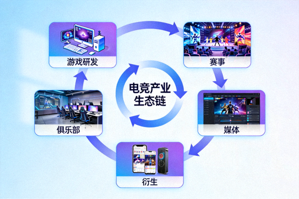 电竞产业生态链示意图 - 游戏研发、赛事、俱乐部、媒体、衍生等环节