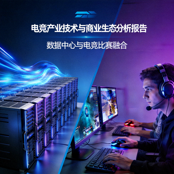 电竞产业技术与商业生态分析报告封面 - 数据中心与电竞比赛融合概念图