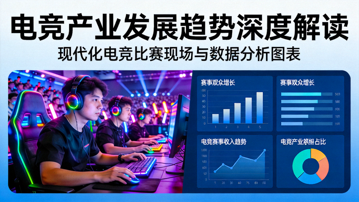 电竞产业发展趋势深度解读文章封面图 - 现代化电竞比赛现场与数据分析图表