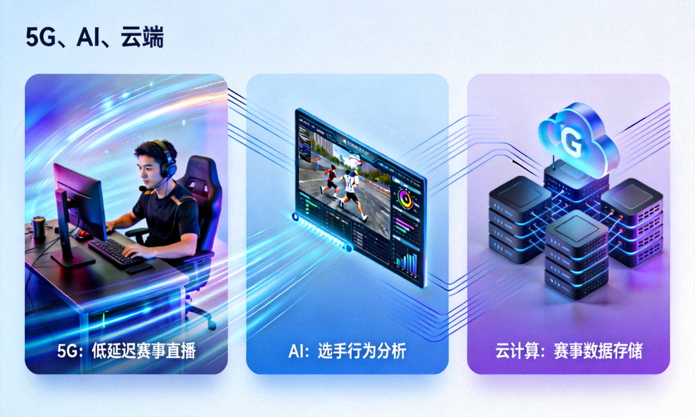 电竞产业技术创新展示图 - 5G、AI、云计算等技术在电竞中的应用场景