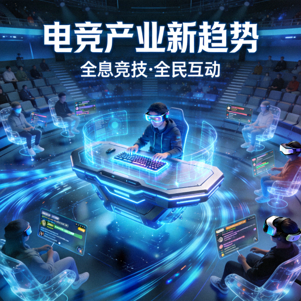 电竞产业新趋势主题图 - 未来科技感电竞竞技场与观众互动