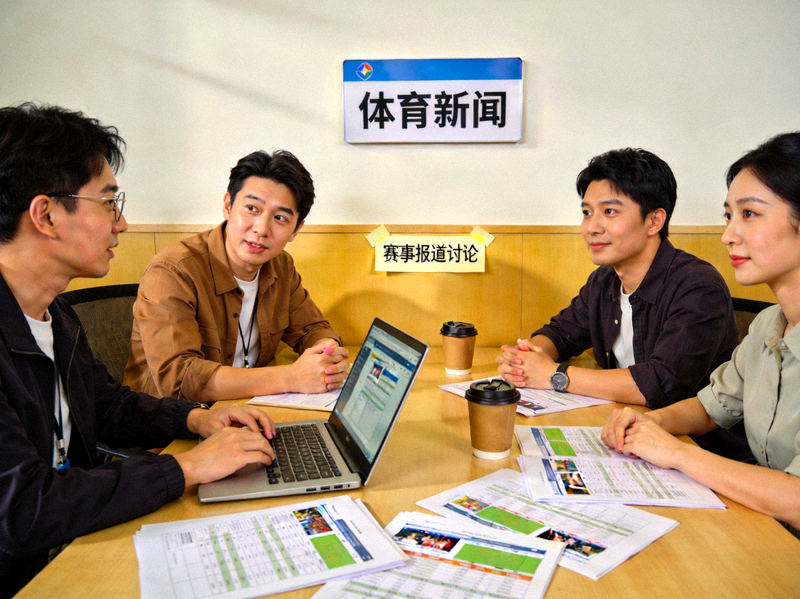 体育新闻采编工作场景 - 记者编辑讨论赛事报道