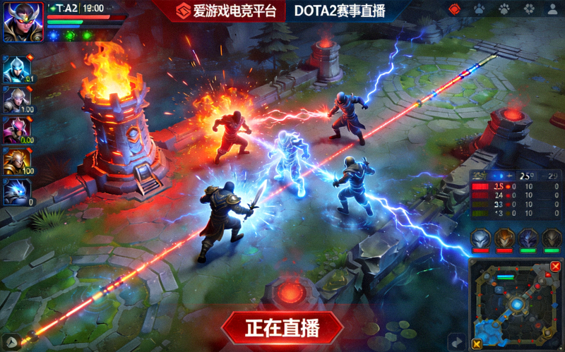 爱游戏电竞平台DOTA2赛事直播画面 - MOBA游戏战斗场景