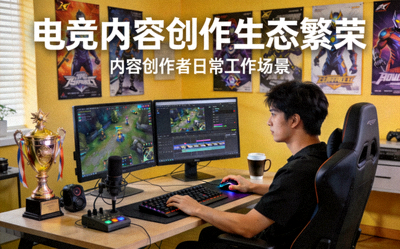 电竞内容创作生态繁荣新闻报道配图 - 内容创作者在工作