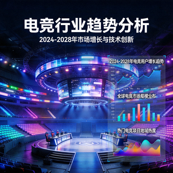 电竞行业趋势分析主视觉图 - 现代化电竞比赛场馆与数据分析图表