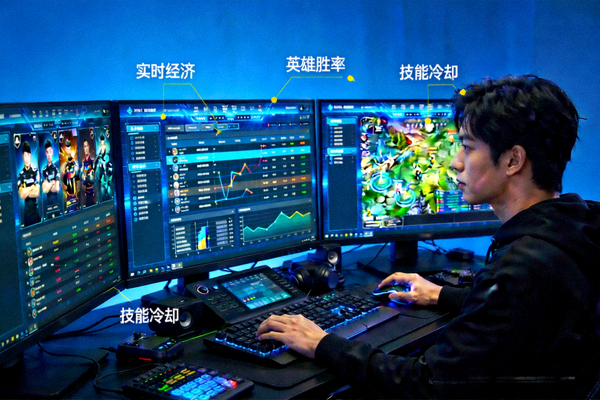 电竞数据分析师正在使用多屏系统分析比赛数据 - 展示数据驱动的体育科技