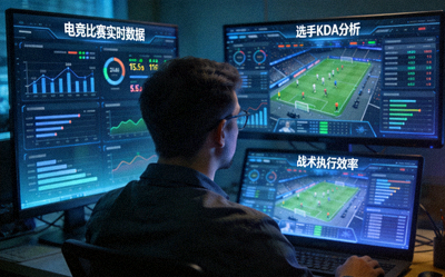 数据科学家在屏幕前分析复杂的电竞比赛数据图表 - 数据分析的应用