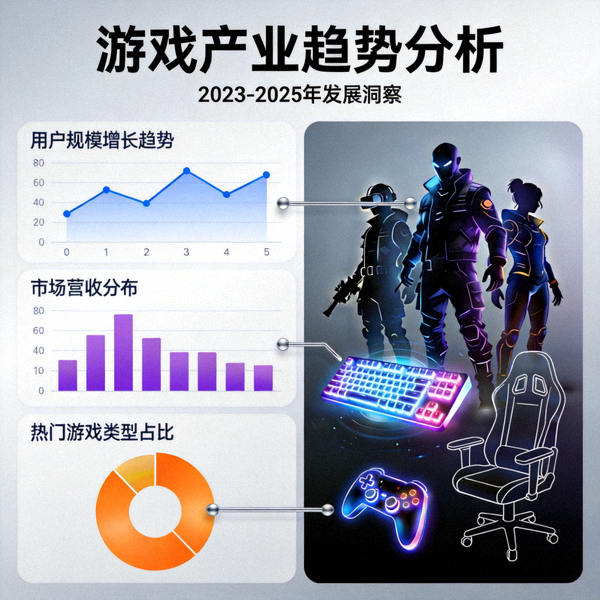 游戏产业趋势分析主视觉图 - 数据图表与电竞元素融合