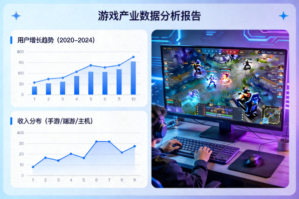 游戏产业数据分析展示 - 图表与屏幕上的电竞画面