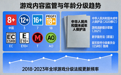 游戏内容监管与年龄分级趋势配图 - 分级标识与法规文件