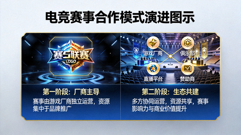 电竞赛事合作模式演进图示 - 从厂商主导到生态共建