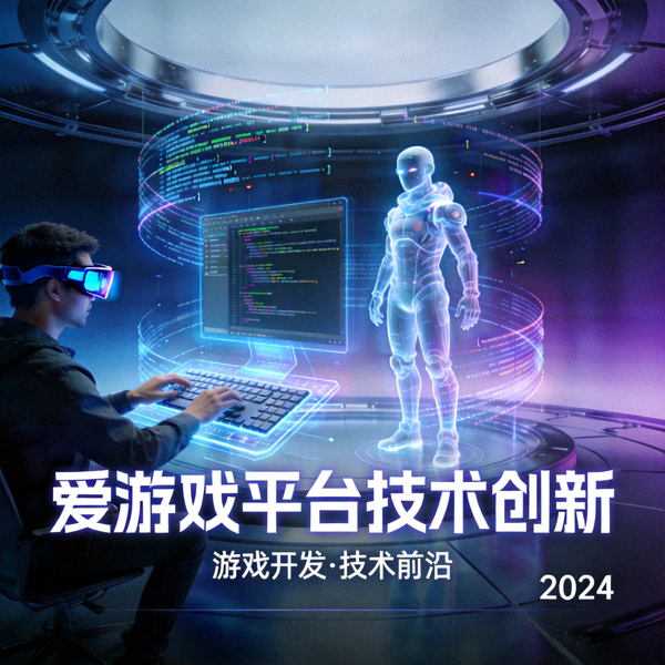爱游戏平台技术创新主题主视觉图 - 未来科技感游戏开发场景
