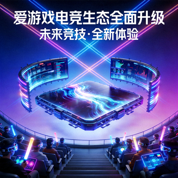 爱游戏电竞生态全面升级主视觉图 - 未来科技感电竞舞台与观众
