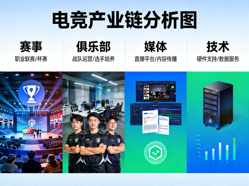 电竞产业链分析图 - 展示赛事、俱乐部、媒体、技术等关键环节