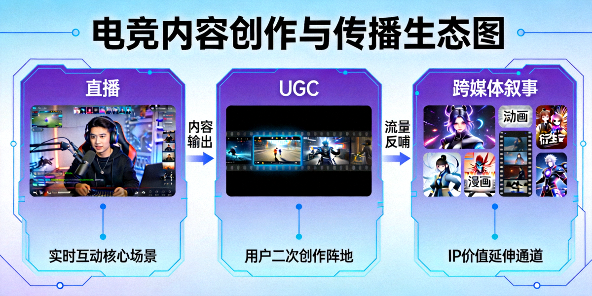 电竞内容创作与传播生态图 - 展示直播、UGC和跨媒体叙事的关系
