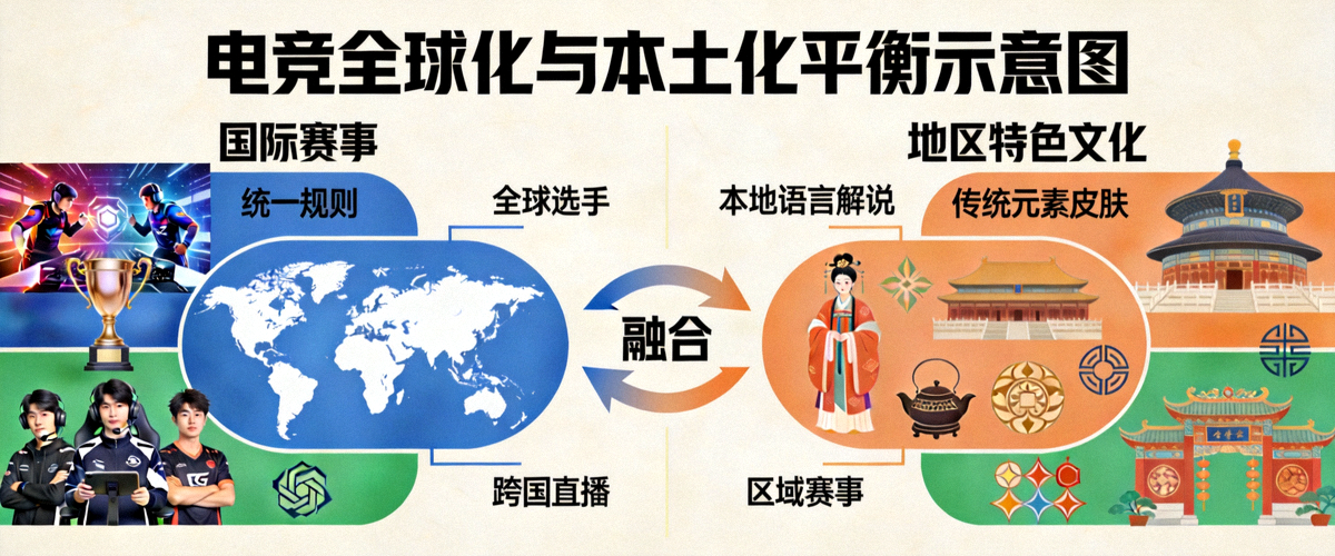 电竞全球化与本土化平衡示意图 - 展示国际赛事与地区特色文化的融合