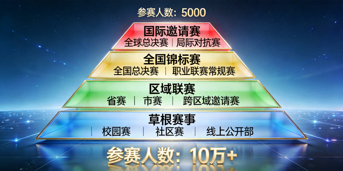 多层次电竞赛事体系示意图 - 展示从草根到国际赛事的完整金字塔结构