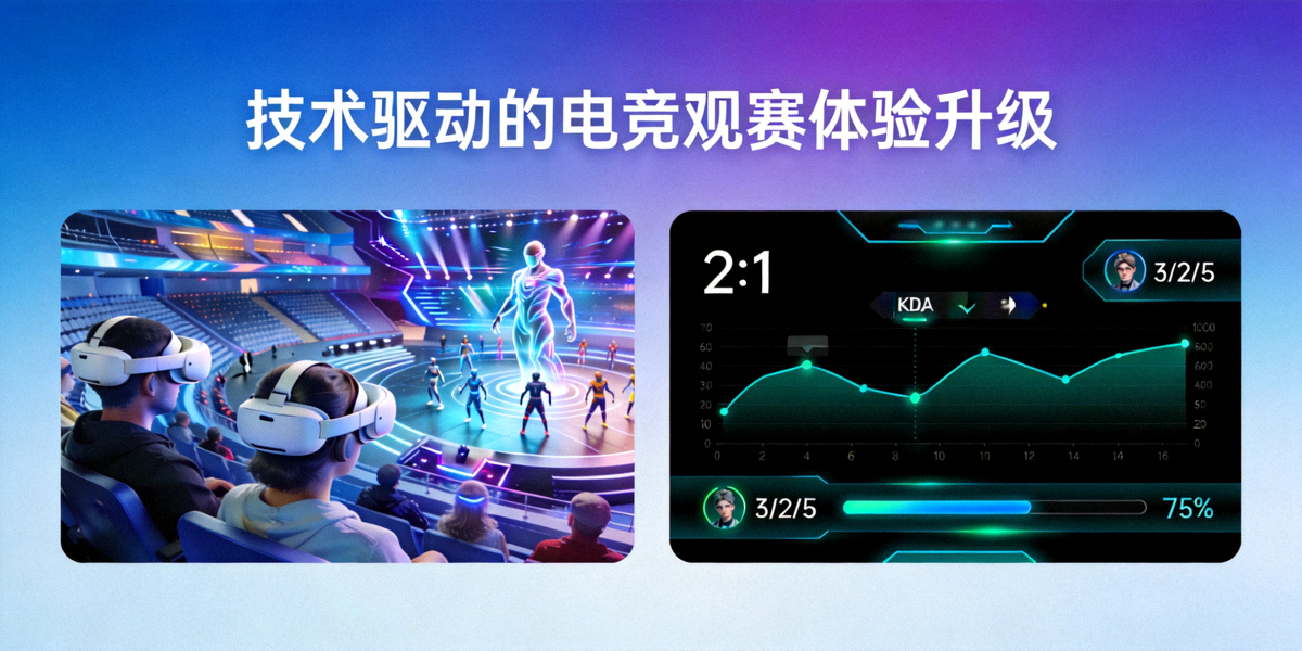 技术驱动的电竞观赛体验升级 - 展示VR观赛和数据可视化界面