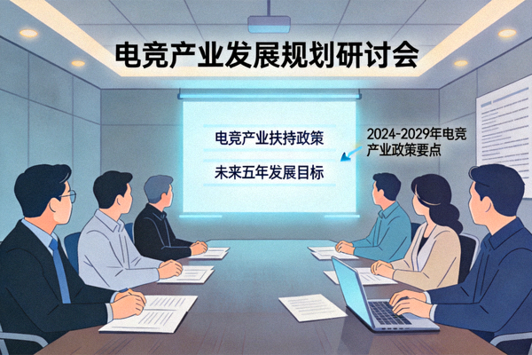 电竞产业政策解读配图 - 会议室中人们讨论产业发展规划