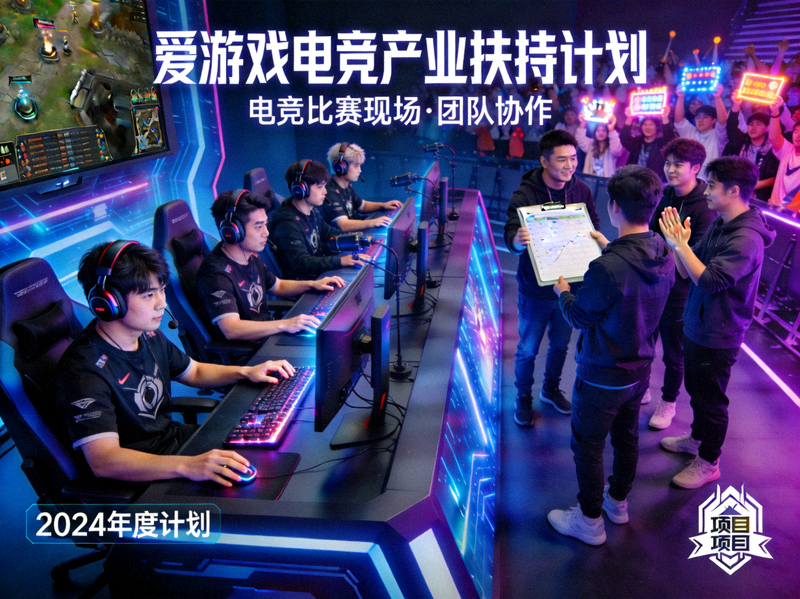 爱游戏电竞产业扶持计划主视觉图 - 电竞比赛现场与团队协作