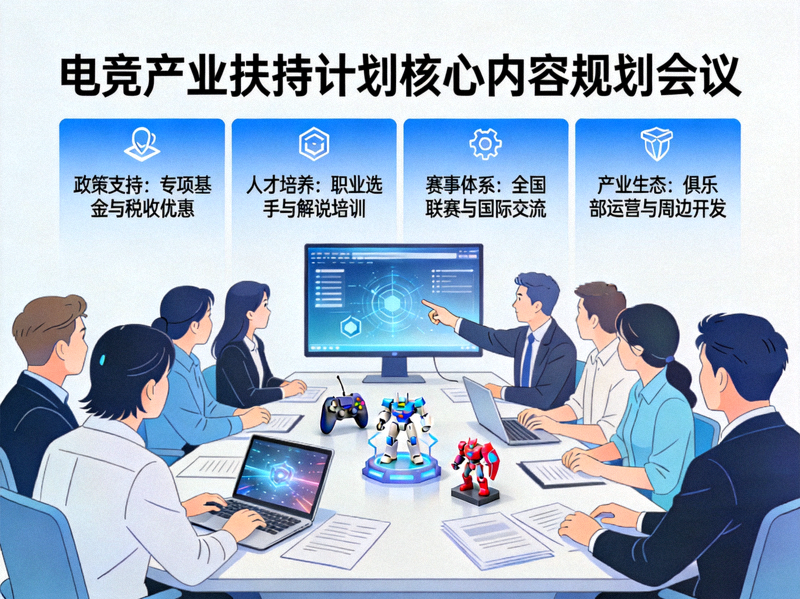电竞产业扶持计划核心内容展示 - 团队讨论与规划会议