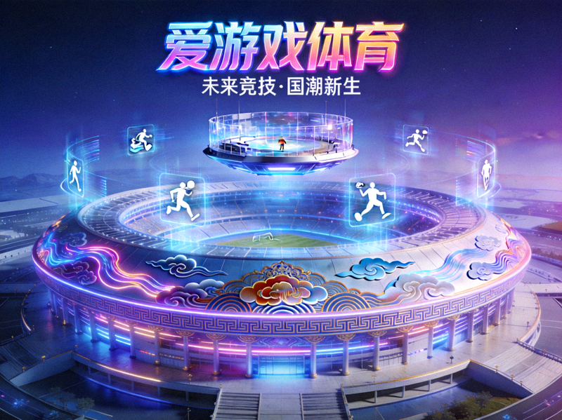 爱游戏体育赛博国潮风格主视觉图 - 未来科技感体育竞技场馆全景