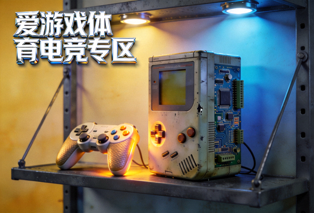 爱游戏体育电竞专区配图 - 复古游戏主机与手柄陈列的科技感画面