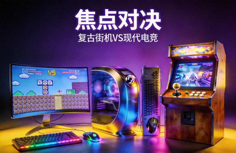 焦点对决一配图 - 复古街机与电竞设备并排展示