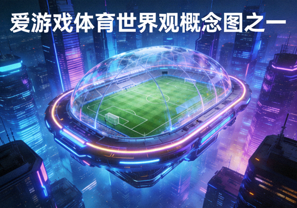 爱游戏体育世界观概念图之一，未来都市足球场与霓虹灯光效果