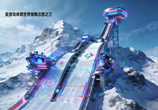 爱游戏体育世界观概念图之三，赛博风格滑雪跳台与雪山场景